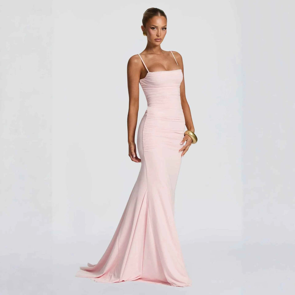 Women's Spaghetti Strap Ruched Mesh Maxi Evening Dress