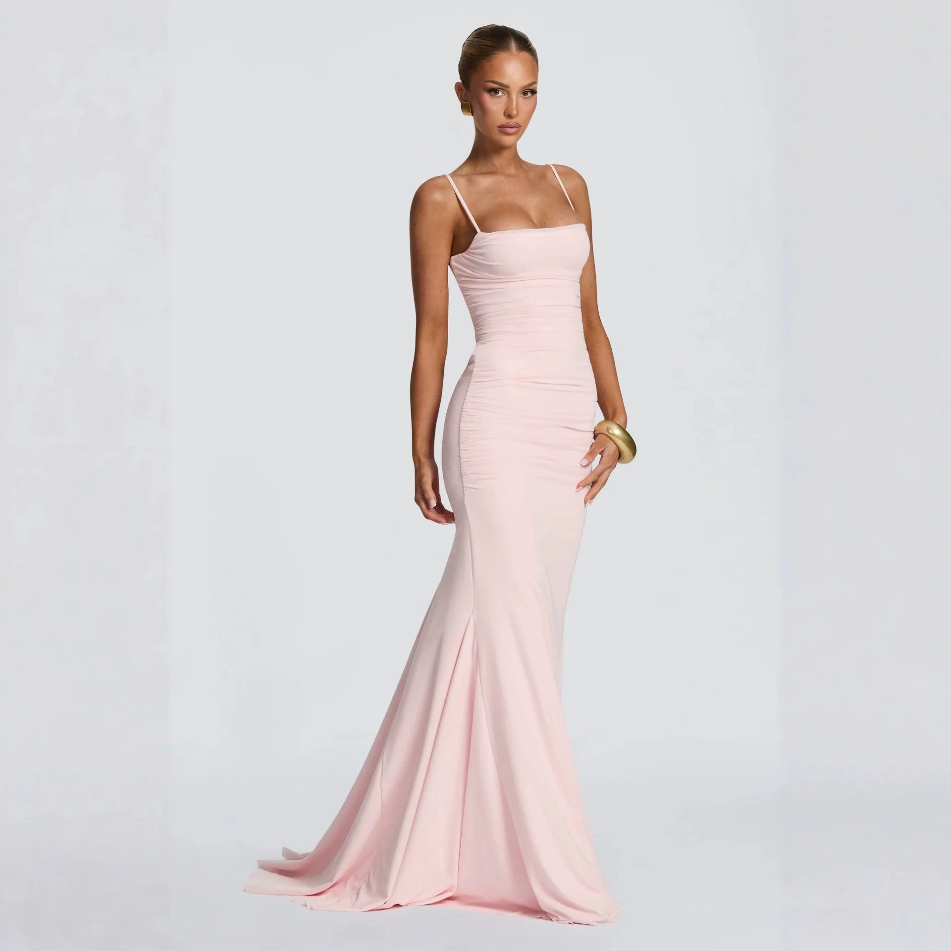Women's Spaghetti Strap Ruched Mesh Maxi Evening Dress