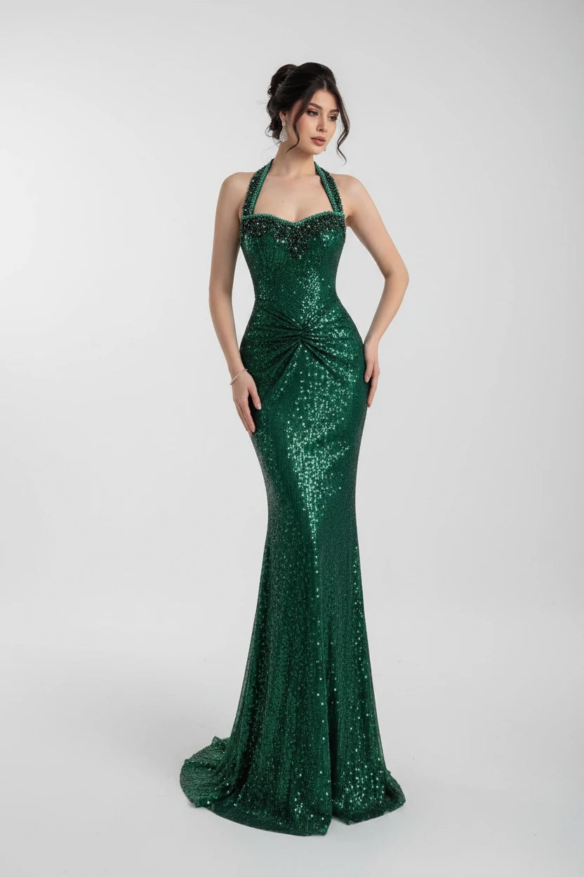 Women's Halter Sleeveless Beaded Mermaid Evening Dress