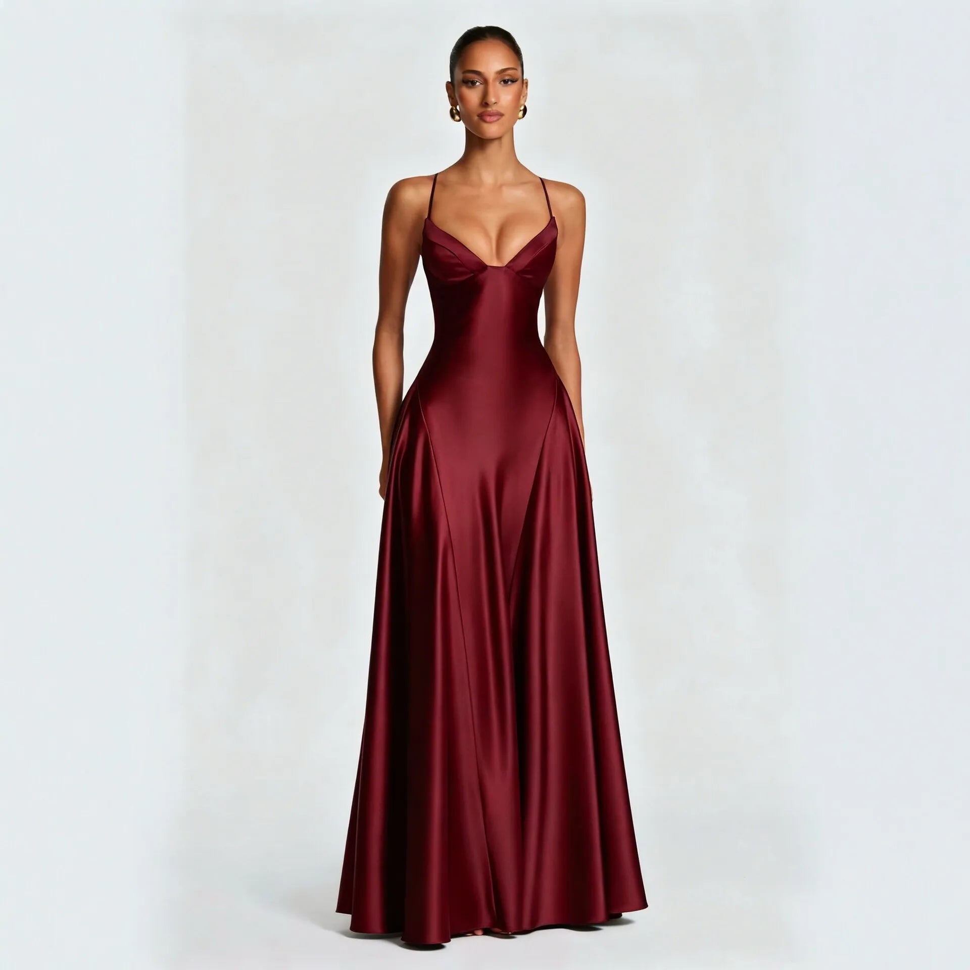 Women's Spaghetti Strap Satin Lace-Up Maxi Evening Dress