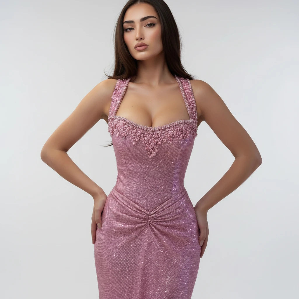 Women's Halter Sleeveless Beaded Mermaid Evening Dress