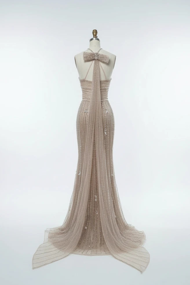 Women's Halter Neck Beaded Mermaid Evening Dress Nude