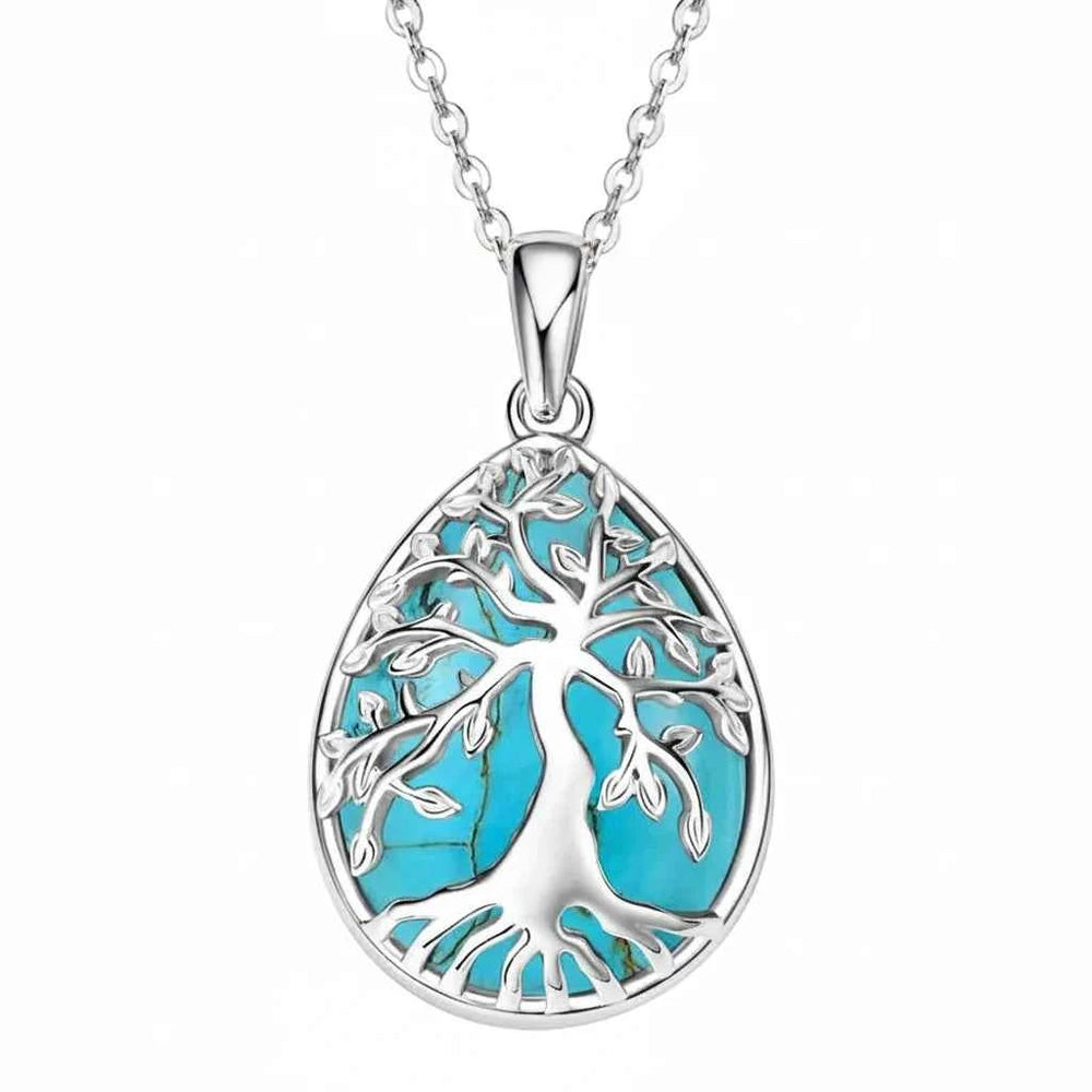 Pear Cut Turquoise Tree of Life Pendant Necklace