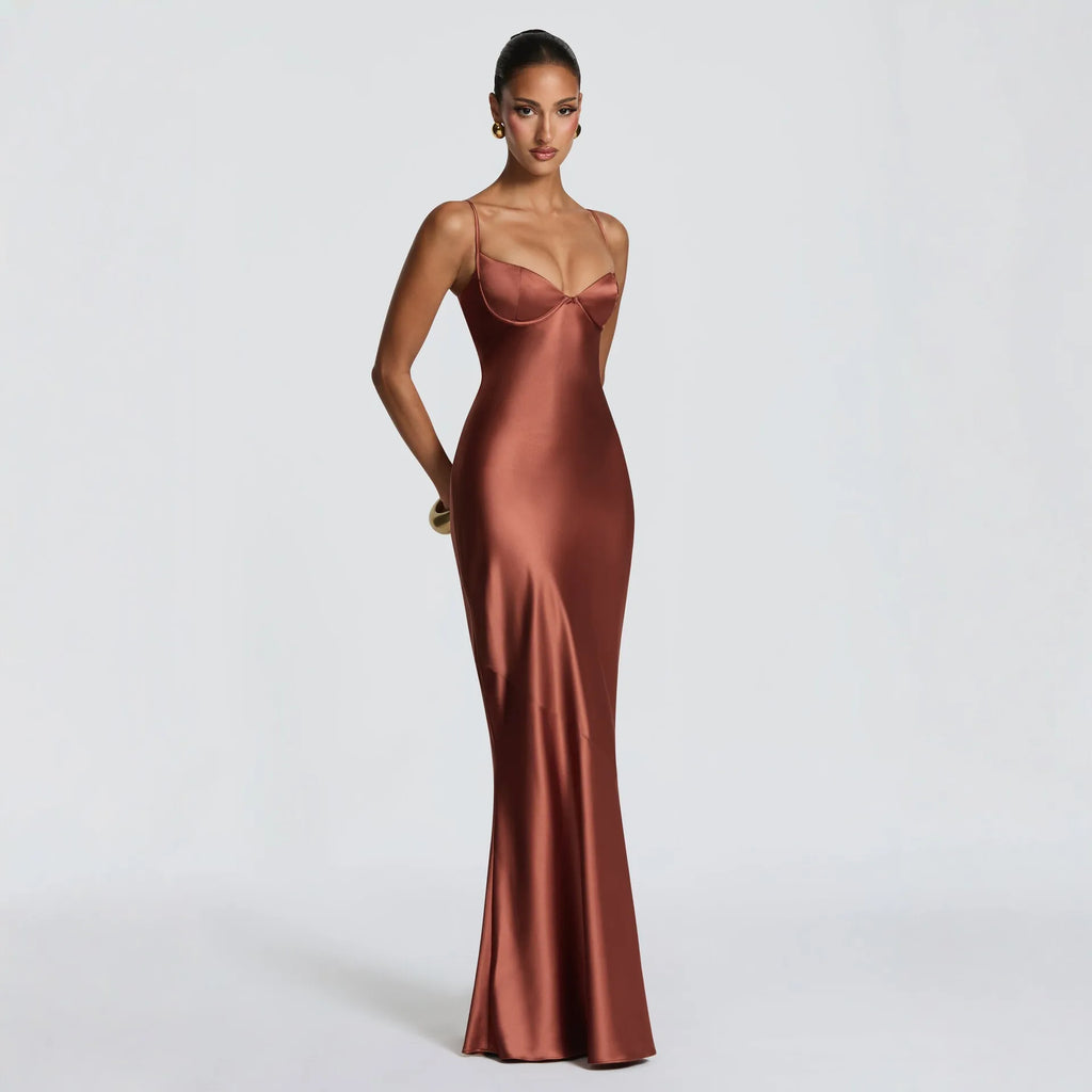 Women's Satin Cami Corset Maxi Evening Dress
