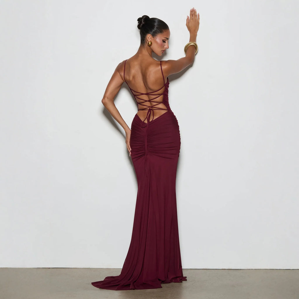 Women's Spaghetti Strap Ruched Mesh Maxi Evening Dress