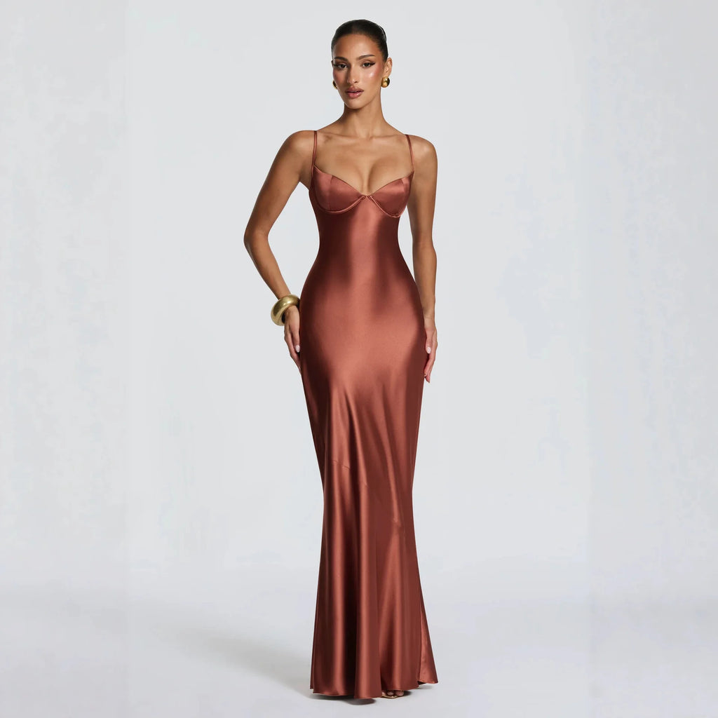 Women's Satin Cami Corset Maxi Evening Dress
