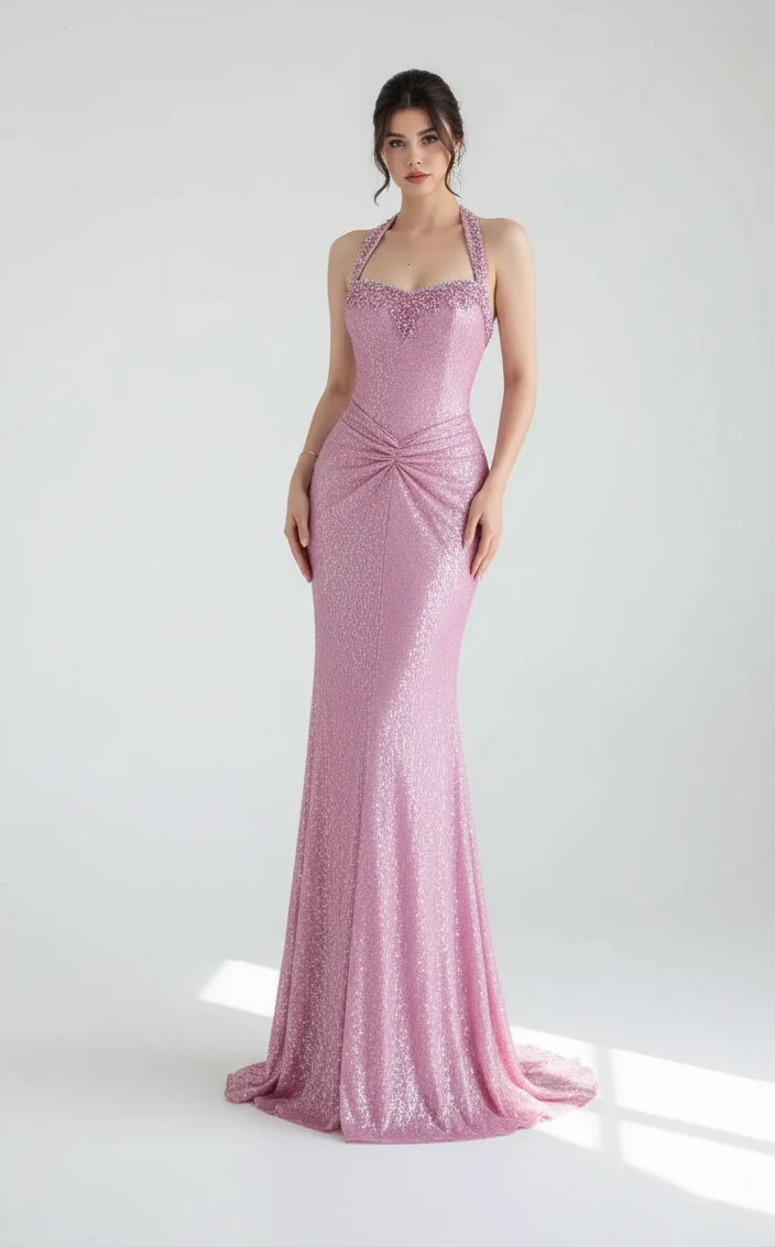 Women's Halter Sleeveless Beaded Mermaid Evening Dress