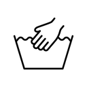 A black line icon depicting a hand washing in a basin of water, centered on a solid white background.