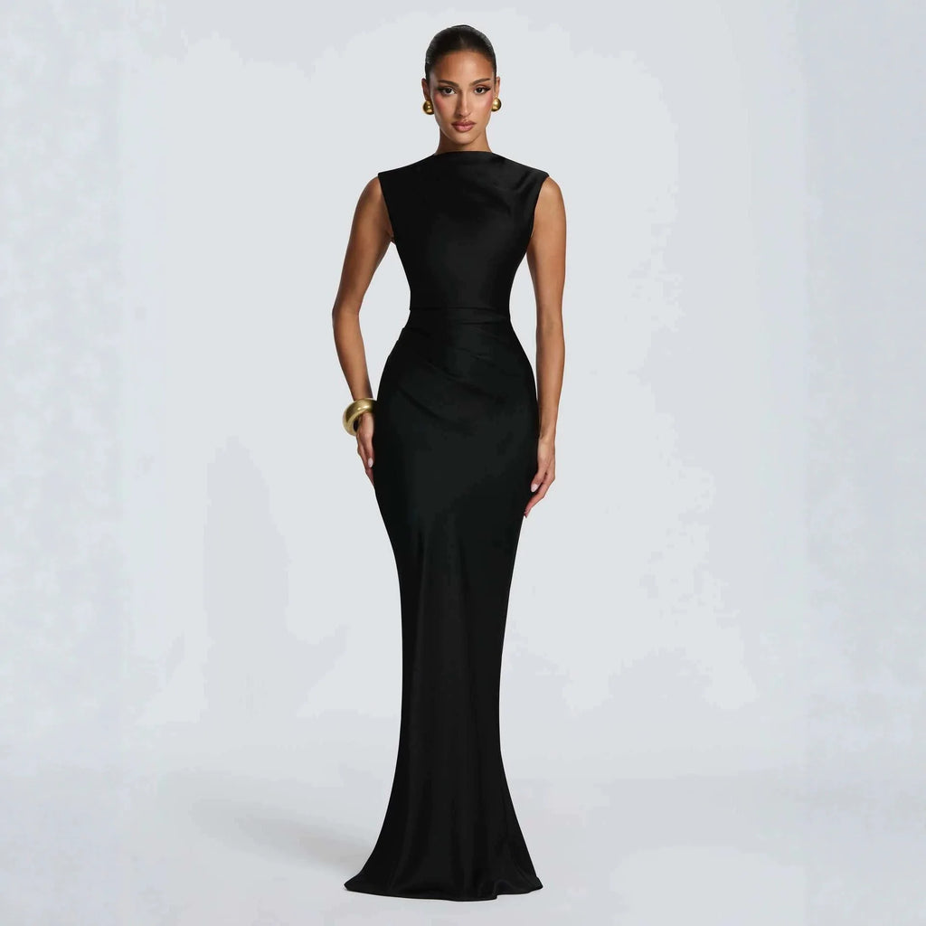 Women's Sleeveless Draped Ruched Maxi Evening Dress