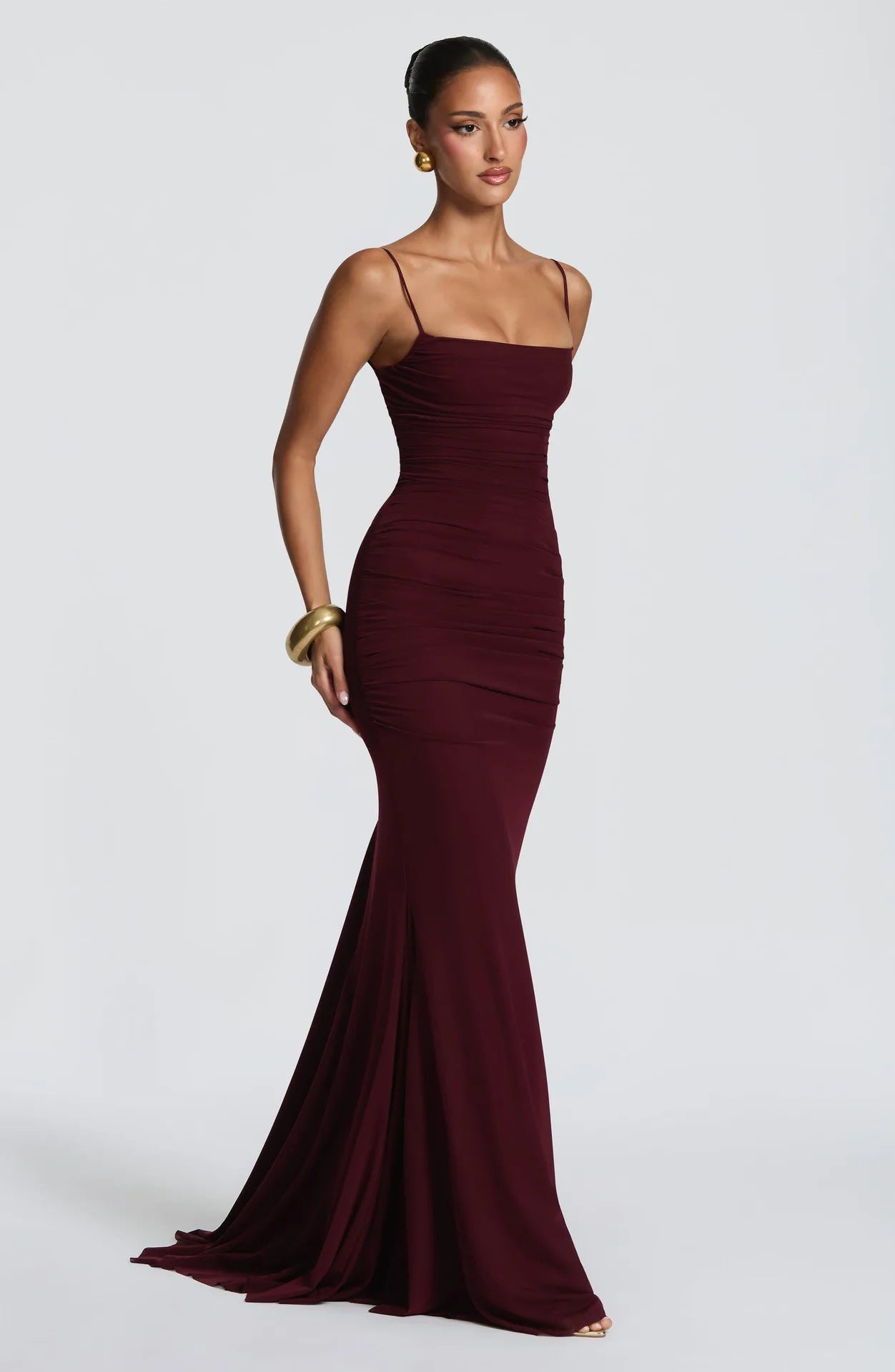 Women's Spaghetti Strap Ruched Mesh Maxi Evening Dress