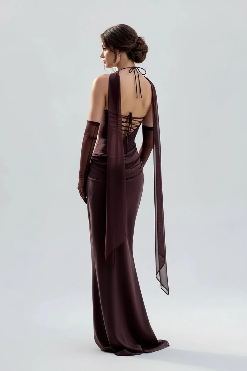 Women's Strapless Lace-Up Bodycon Maxi Evening Dress