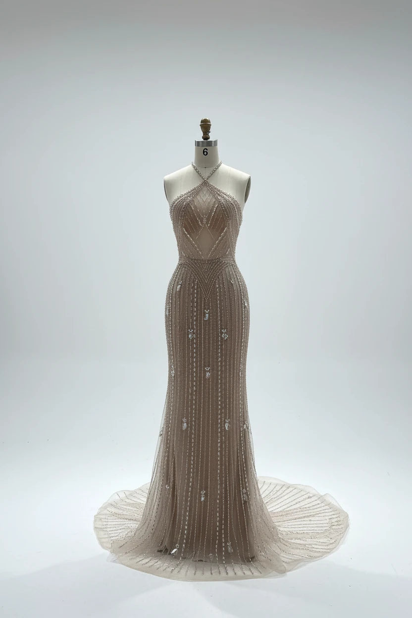 Women's Halter Neck Beaded Mermaid Evening Dress Nude