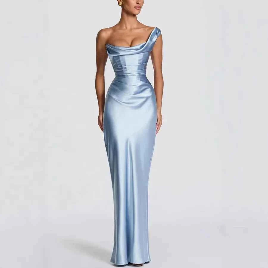 Women's One Shoulder Ruched Satin Evening Dress