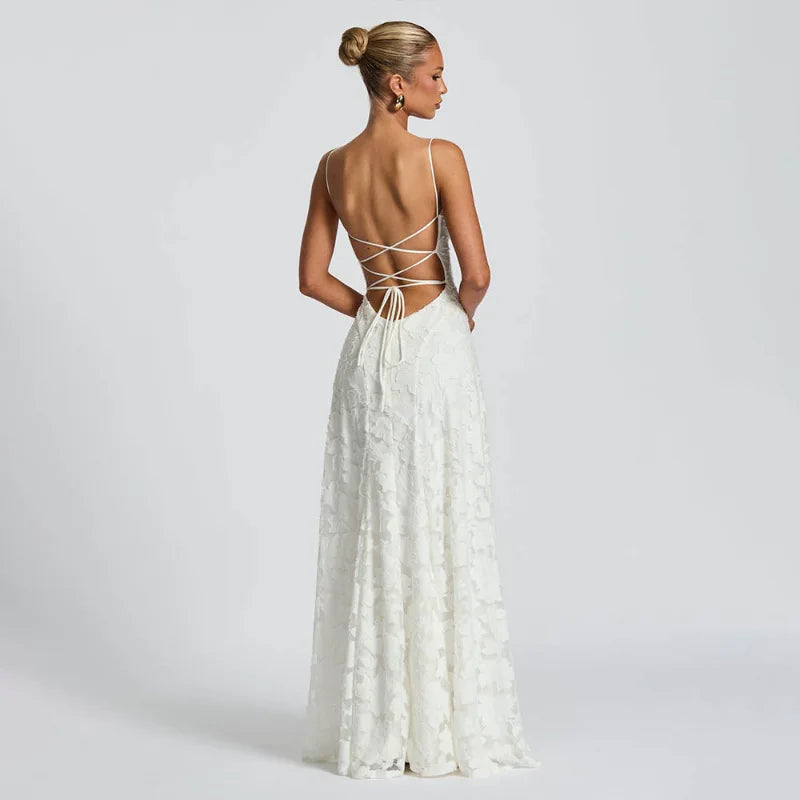 Women's Spaghetti Strap Jacquard Maxi Evening Dress