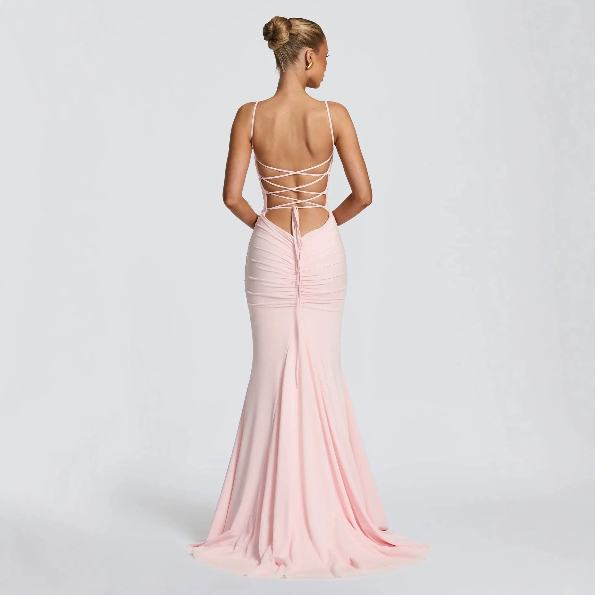 Women's Spaghetti Strap Ruched Mesh Maxi Evening Dress