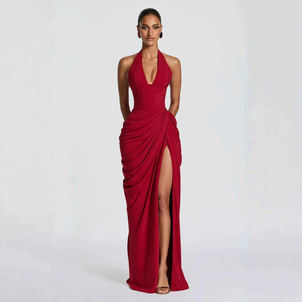 Women's Halter Sleeveless Ruched Maxi Evening Dress