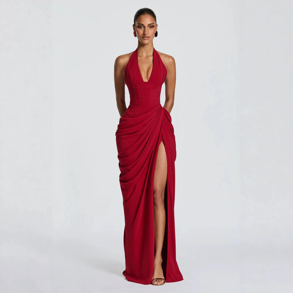 Women's Halter Sleeveless Ruched Maxi Evening Dress