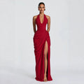 Women's Halter Sleeveless Ruched Maxi Evening Dress