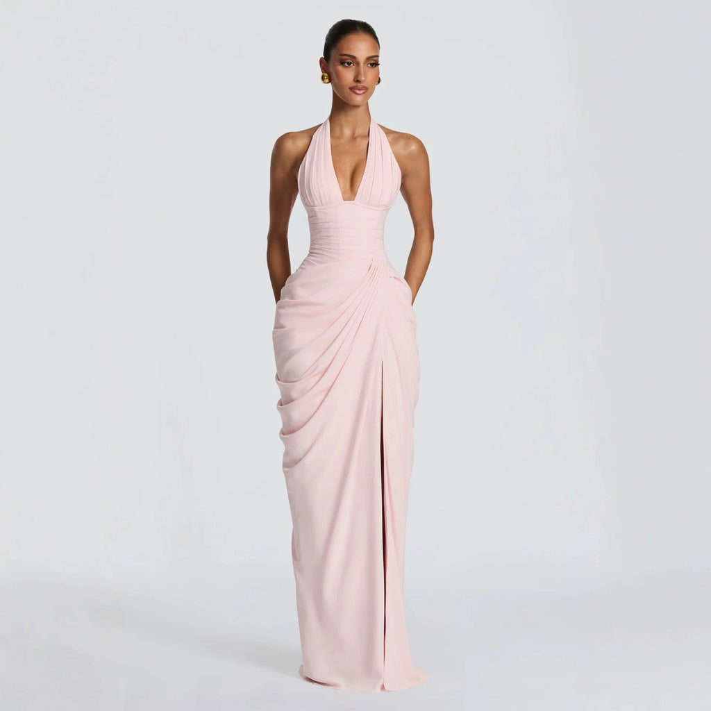 Women's Halter Sleeveless Ruched Maxi Evening Dress