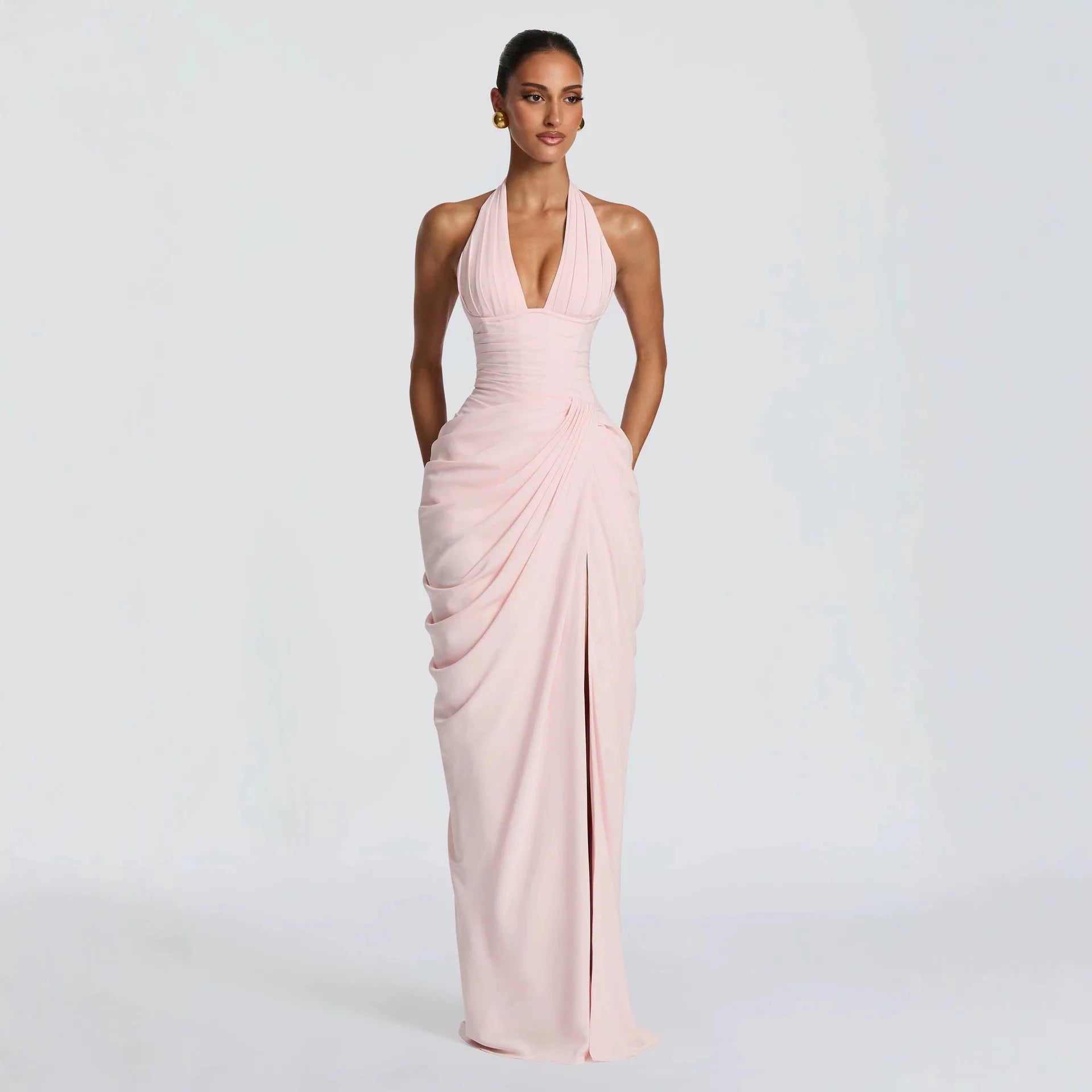 Women's Halter Sleeveless Ruched Maxi Evening Dress