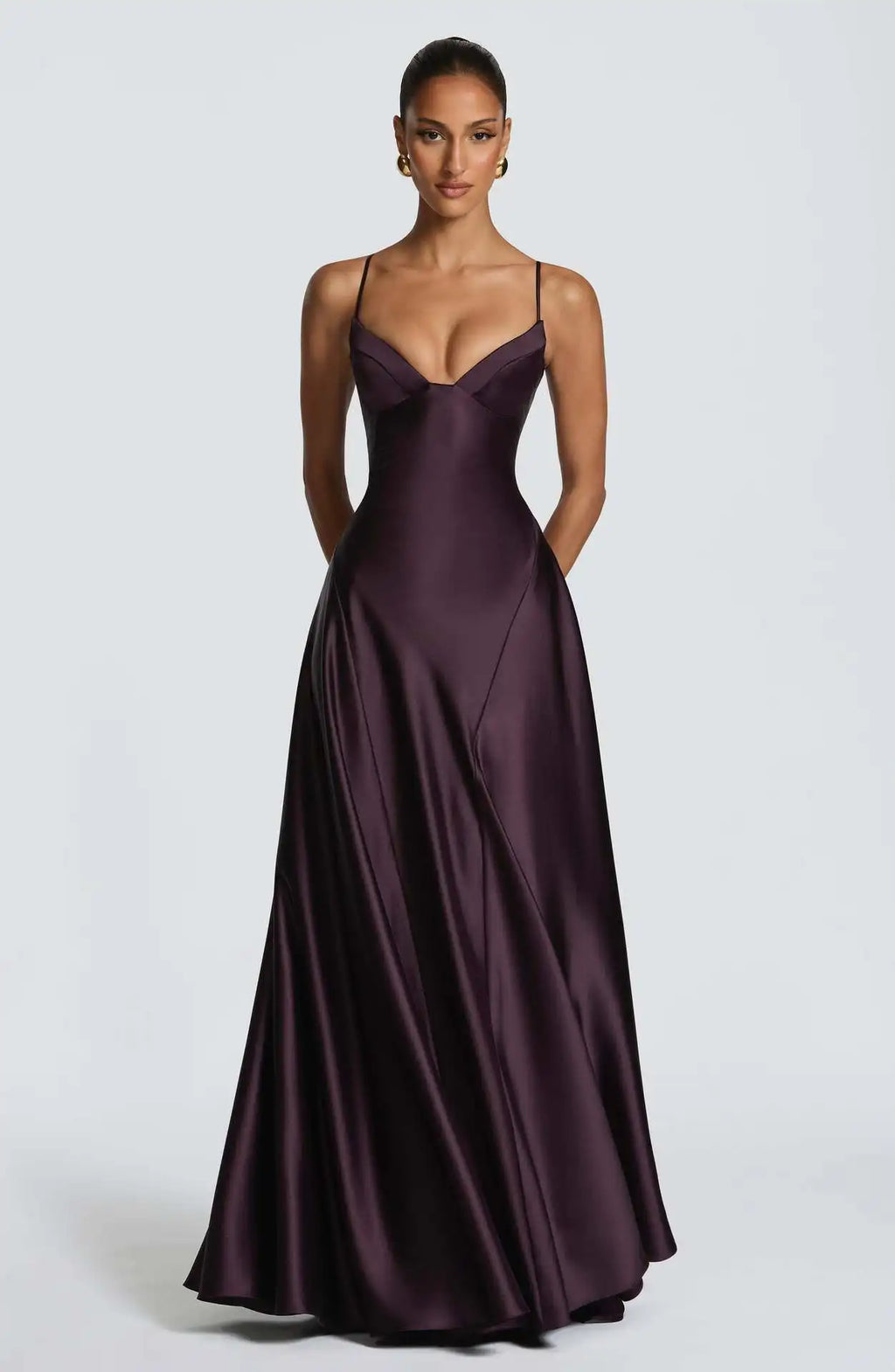 Women's Spaghetti Strap Satin Lace-Up Maxi Evening Dress