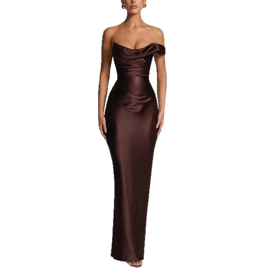 Women's Asymmetrical One Shoulder Ruched Satin Evening Dress