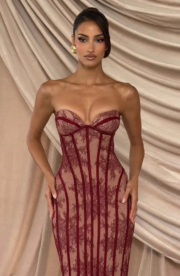 Women's Lace Patchwork Strapless Evening Party Dress
