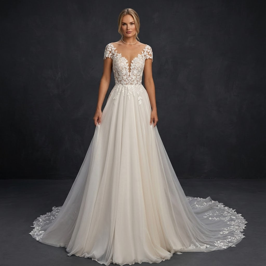 Illusion Cap-Sleeve Lace Applique Chiffon A-Line Wedding Gown