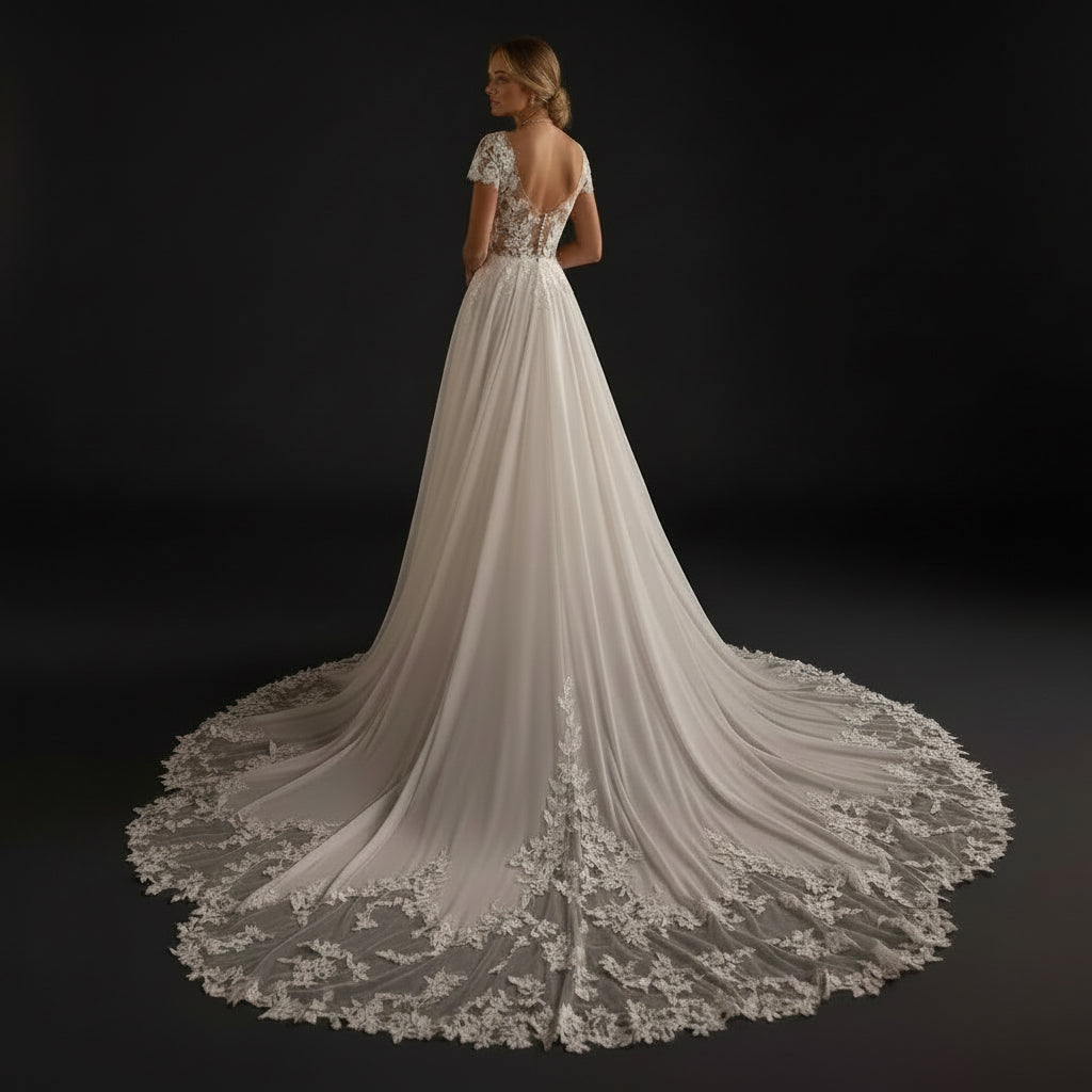 Illusion Cap-Sleeve Lace Applique Chiffon A-Line Wedding Gown