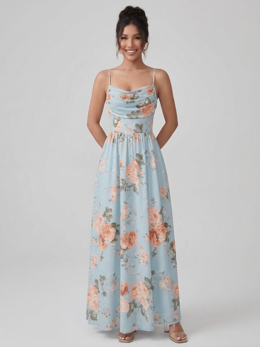 Light Blue Floral Spaghetti Strap Maxi Dress
