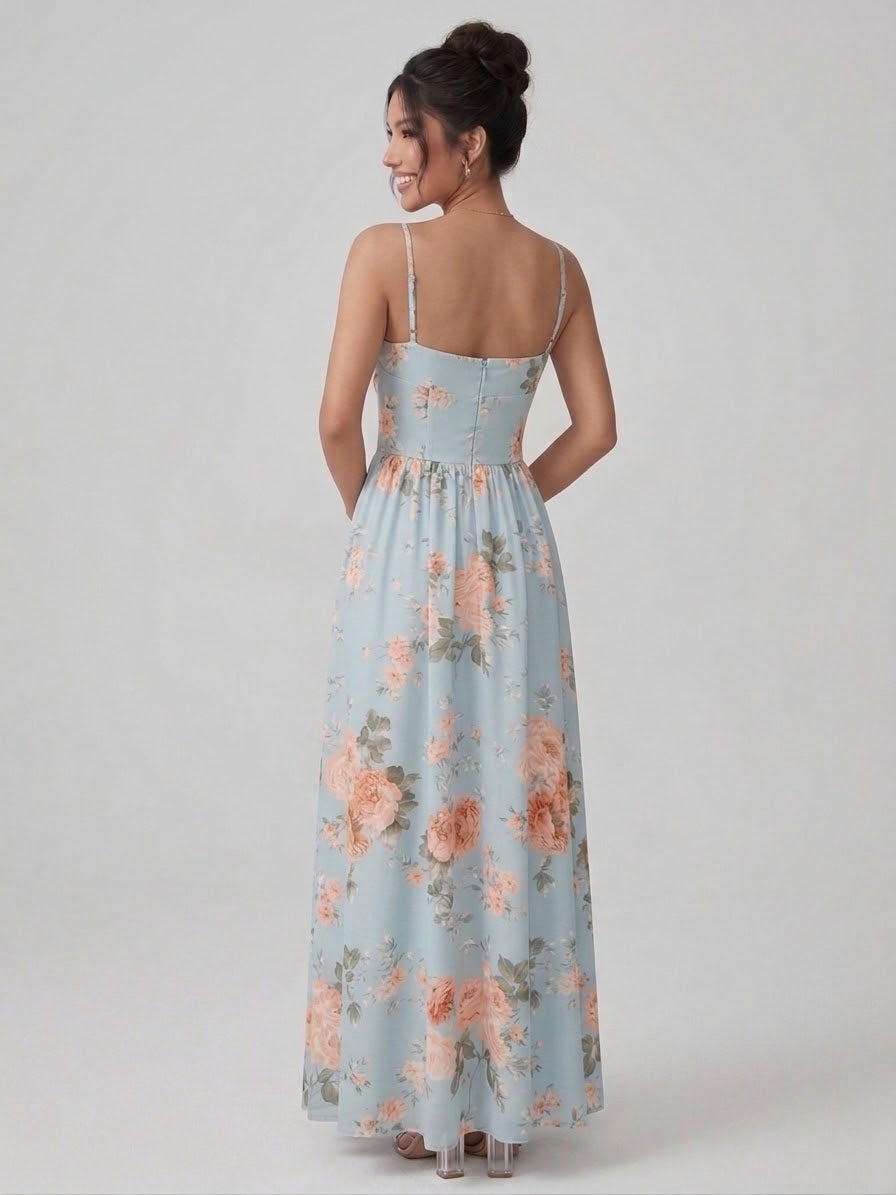 Light Blue Floral Spaghetti Strap Maxi Dress