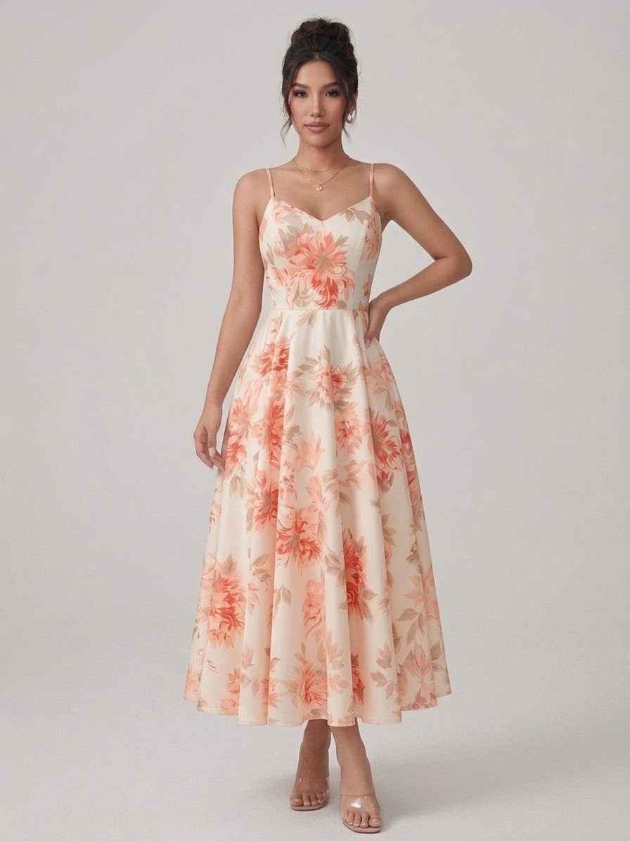 Pink Floral V-Neck Camisole Maxi Dress