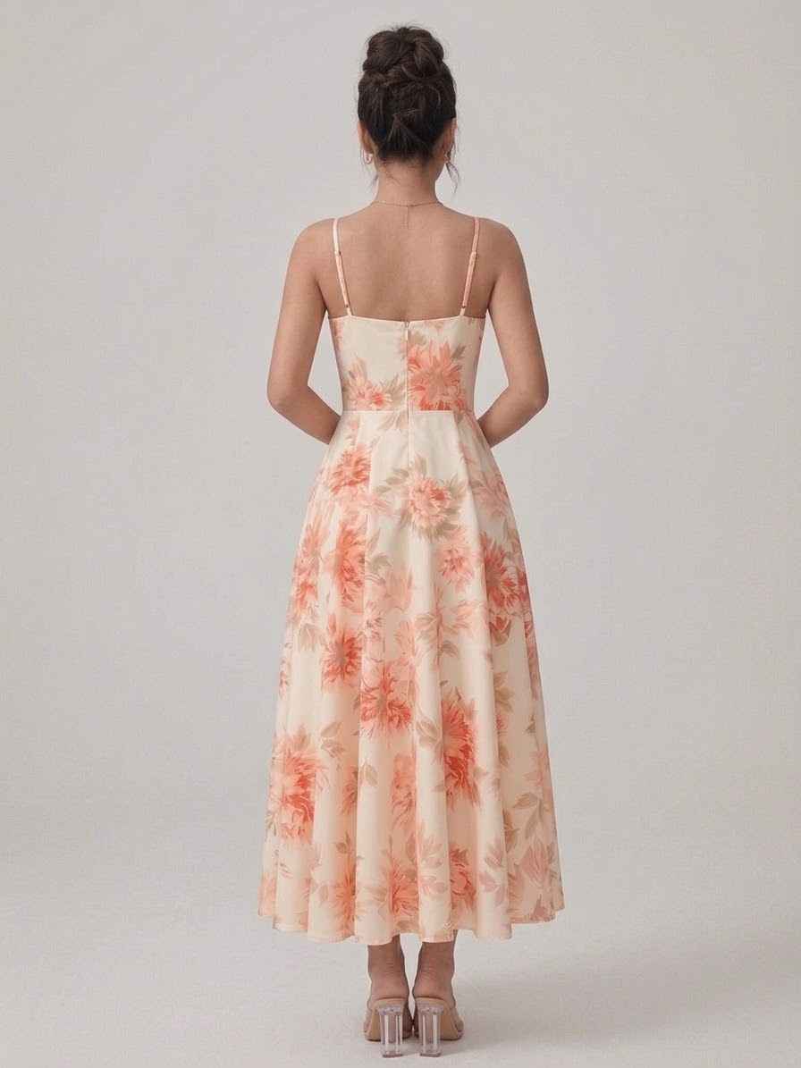 Pink Floral V-Neck Camisole Maxi Dress