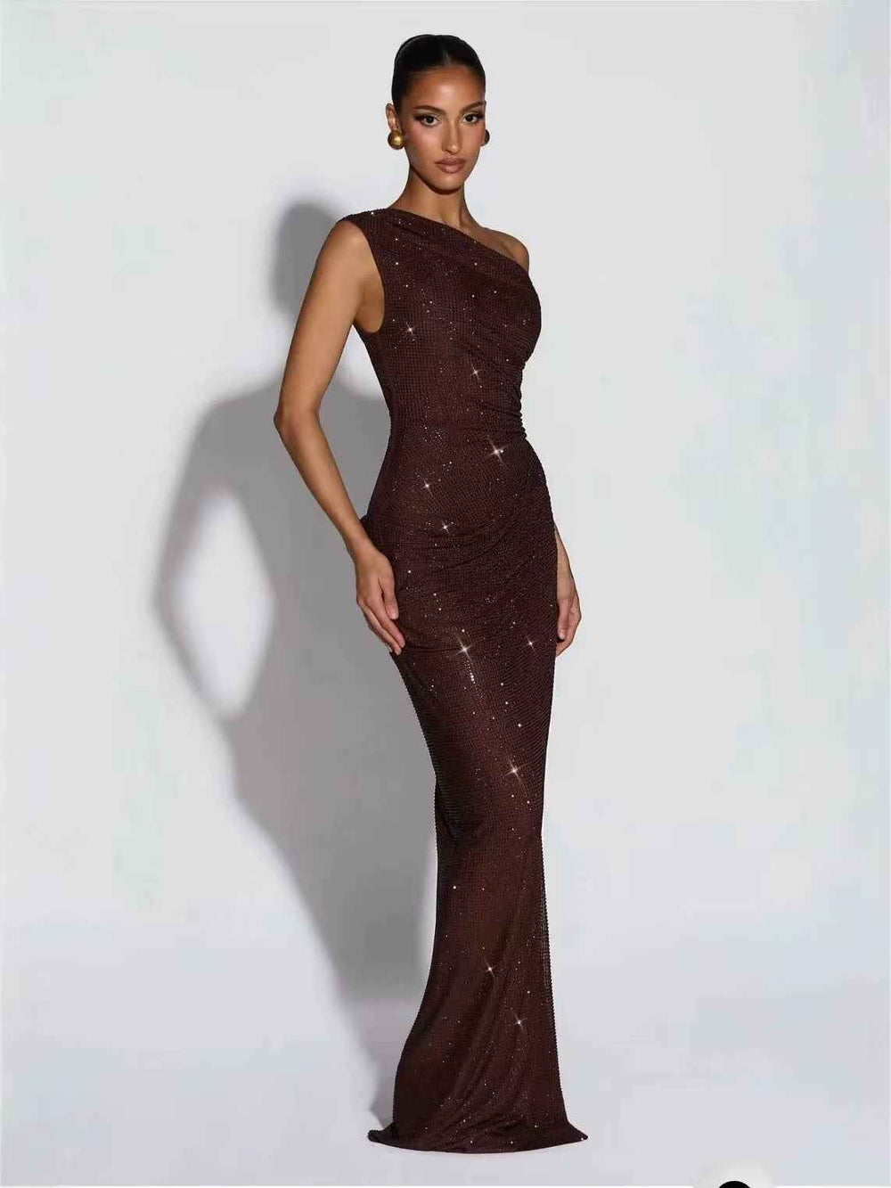 Brown One-Shoulder Gown with Rhinestone Detailing - Elevate Your Elegance