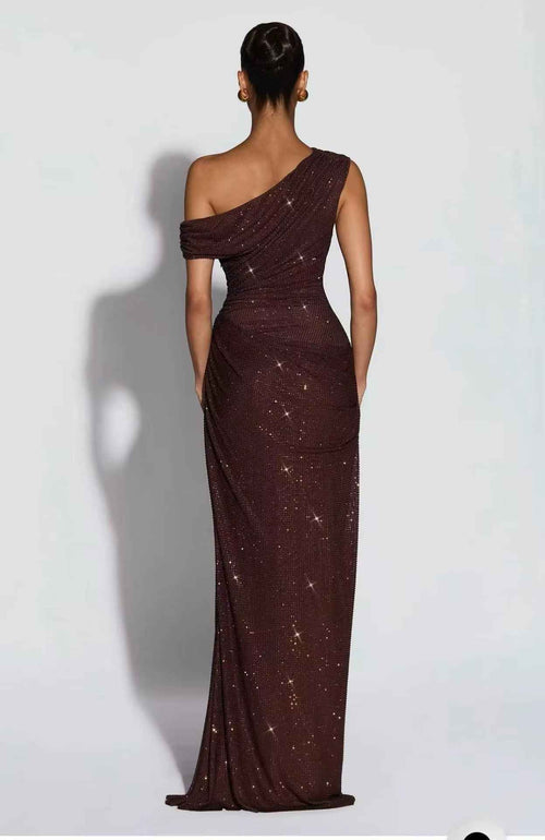 Brown One-Shoulder Gown with Rhinestone Detailing - Elevate Your Elegance