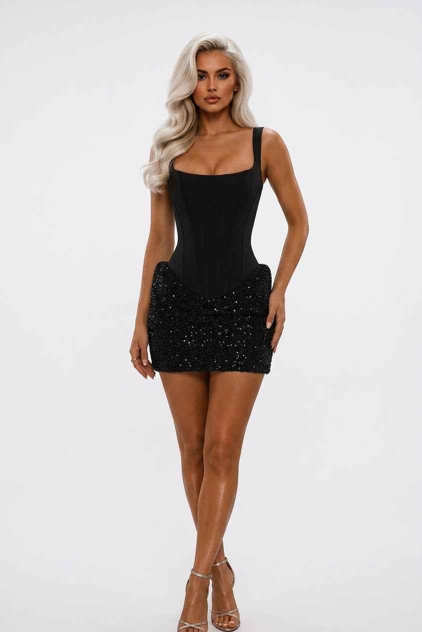 Black Waist Cinching Mini Dress