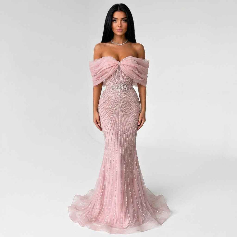 Pink Beaded Mermaid Dress with Bow