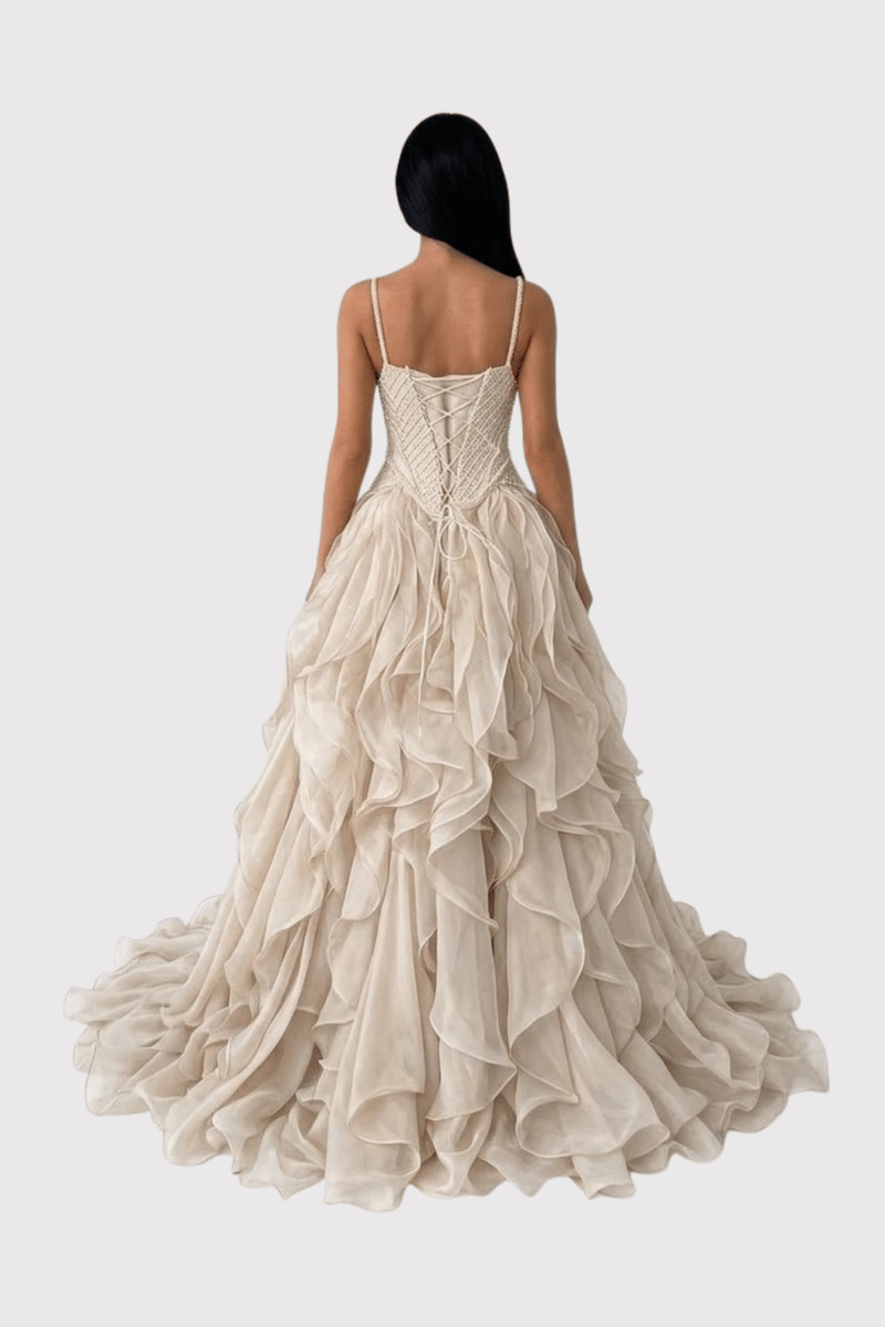 Women's Spaghetti Strap A-Line Beaded Evening Dress Beige