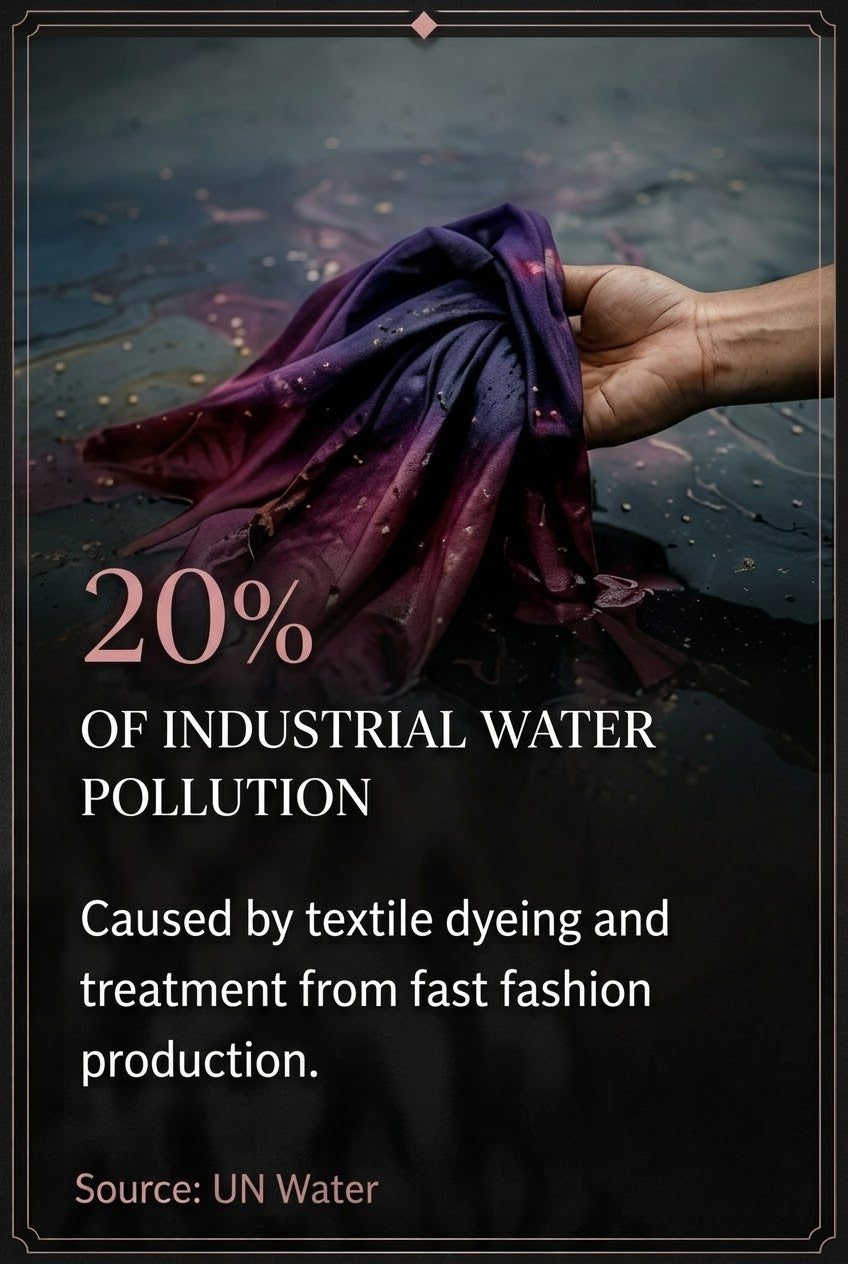 A dark promotional graphic with a hand holding a purple stained fabric over wet pavement, overlaid with the text '20% OF INDUSTRIAL WATER POLLUTION' and 'Caused by textile dyeing and treatment from fast fashion production.' Source: UN Water.