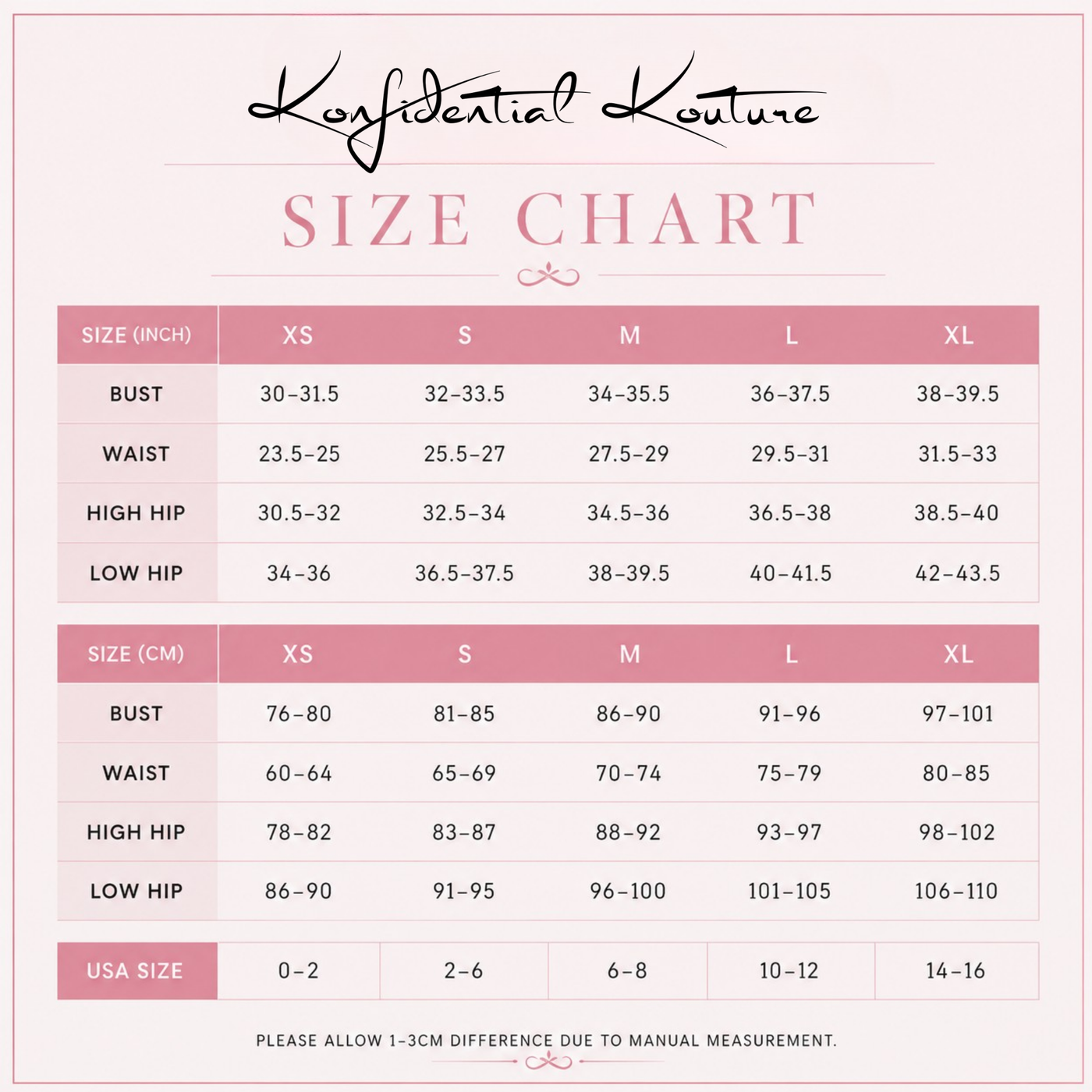 Pink clothing size chart | Konfidential Kouture