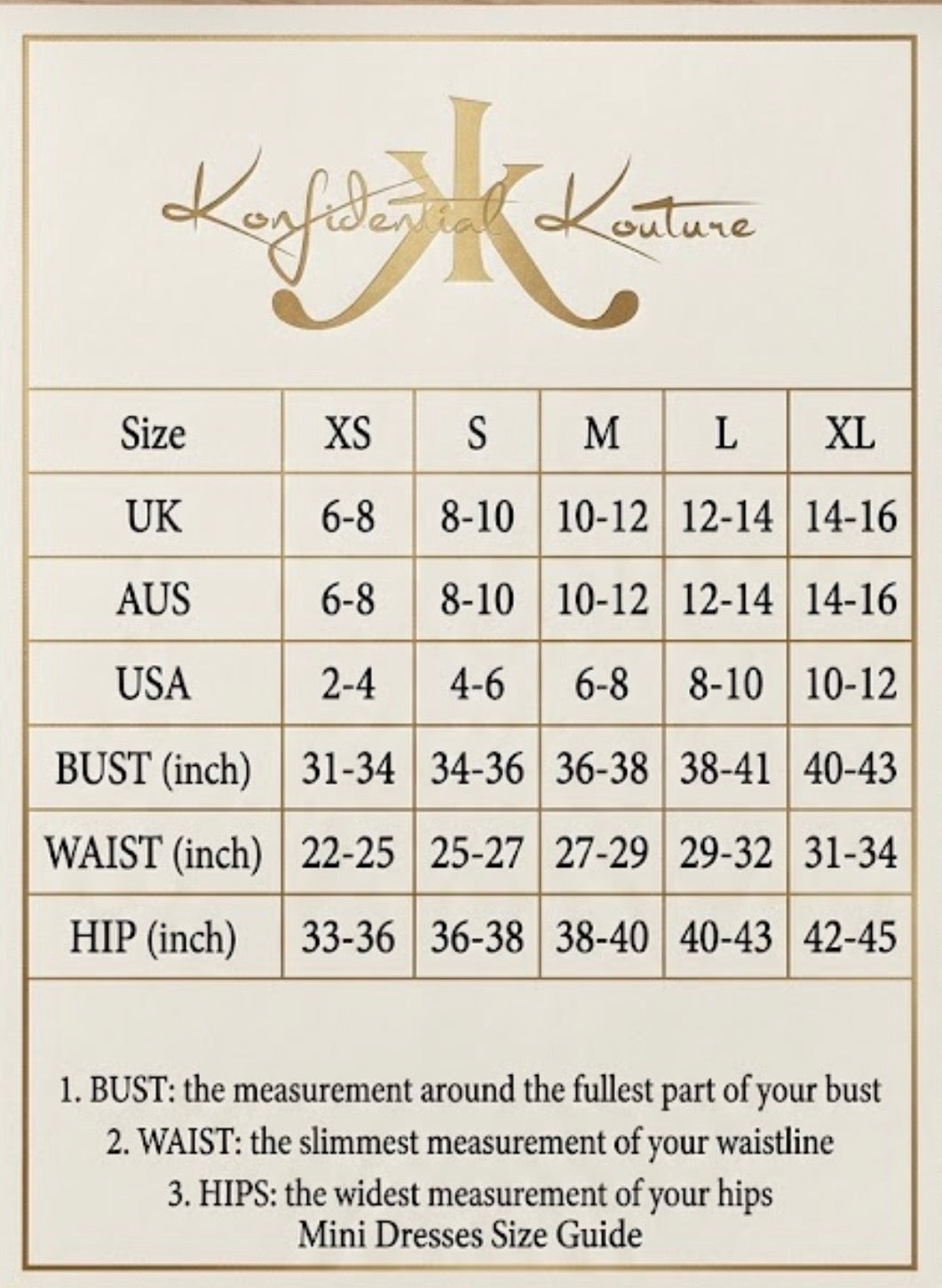 A size guide chart for Confidential Kouture Mini Dresses, showing conversions between Size, UK, AUS, USA, Bust, Waist, and Hip measurements from XS to XL.