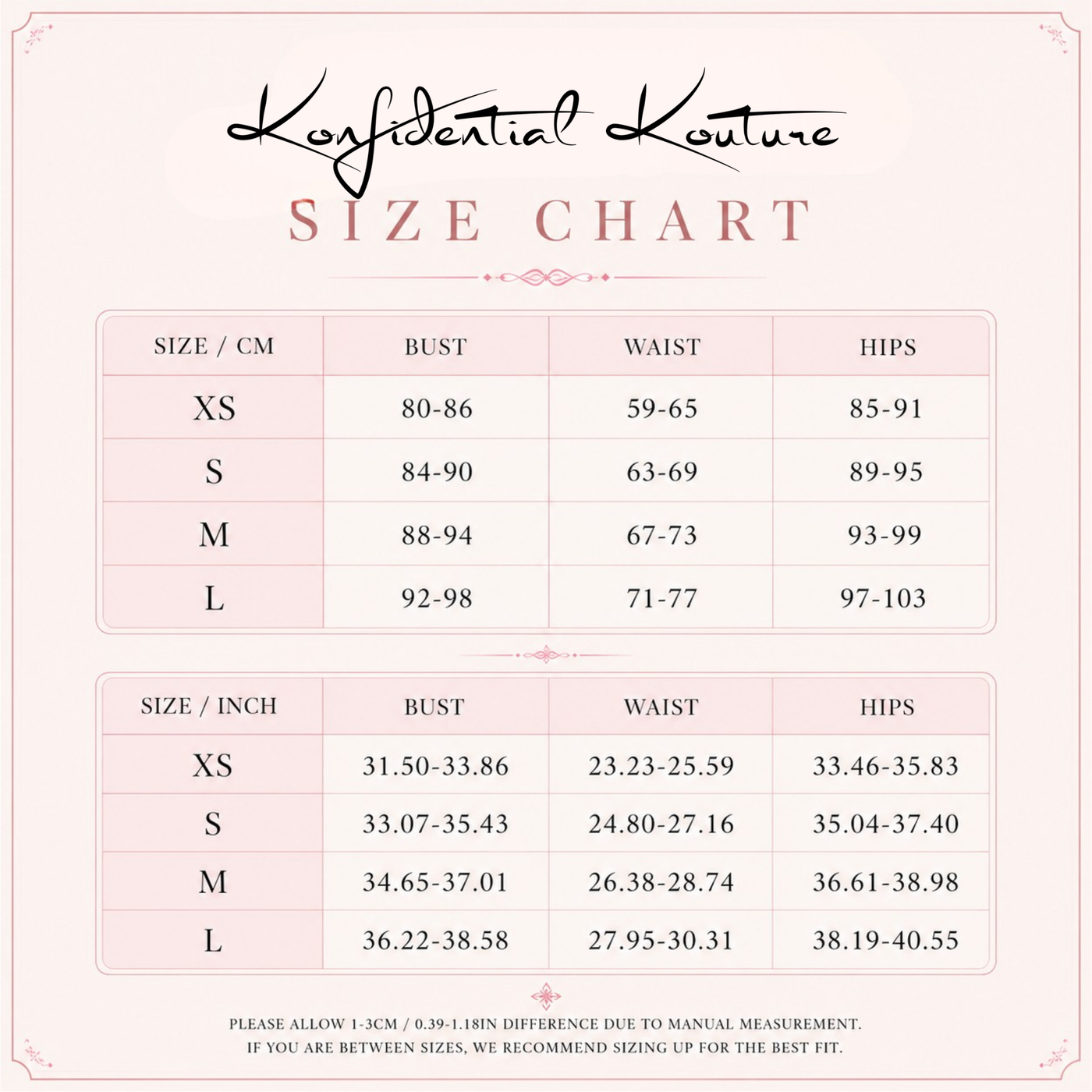 Pink clothing size chart | Konfidential Kouture