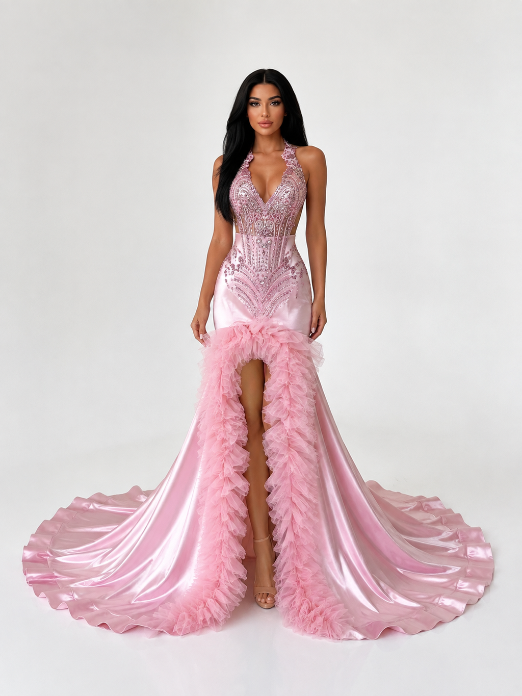 A woman modeling a formal pink gown with a deep V-neckline, heavily embellished bodice, thigh-high slit, and a dramatic ruffled train on a light gray studio background.