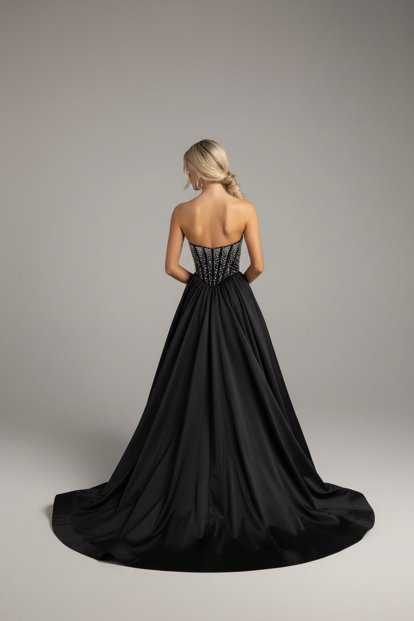 portia and scarlett Sweetheart Floor-Length Satin Corset Formal Ball Gown back view in black, available at konfidential kouture nz