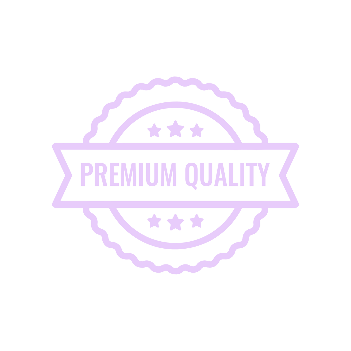 A light purple circular stamp-style badge with a ribbon across the center reading 'PREMIUM QUALITY' on a solid black background.