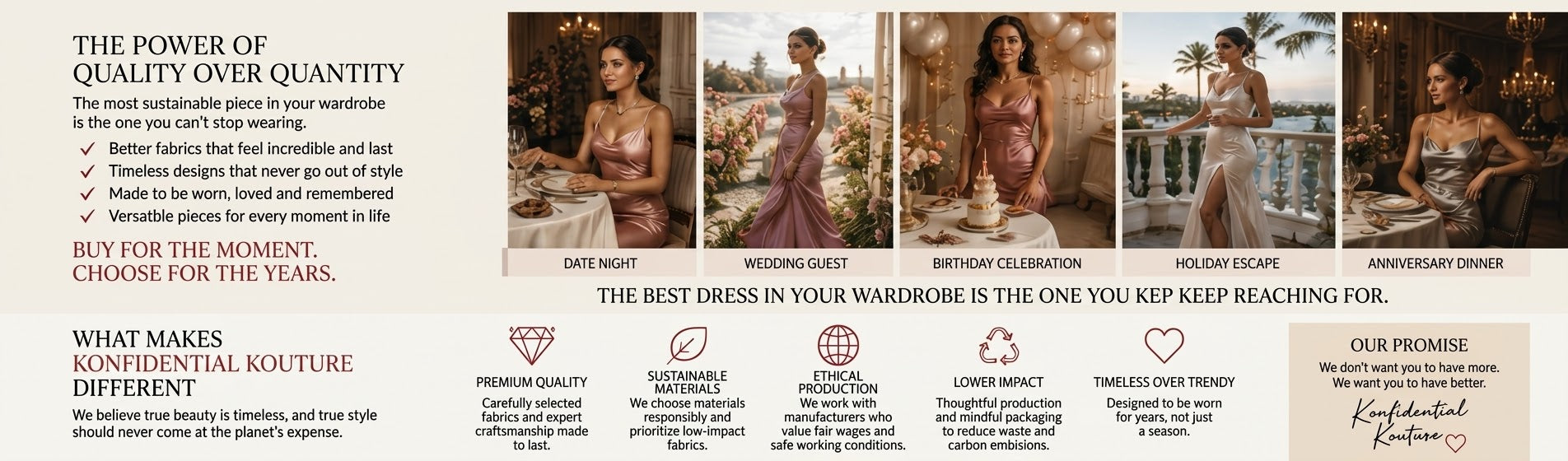 A promotional banner for Konfiture Kouture featuring multiple fashion photos of models wearing dresses, accompanied by marketing text about quality, quantity, and commitment to premium fashion.