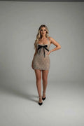 Women's Halter Crystal Beaded Corset Mini Evening Dress