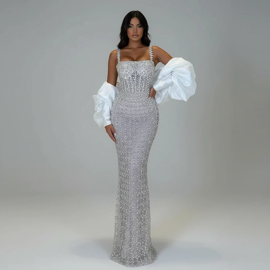 Women's Spaghetti Strap Beaded Mermaid Maxi Evening Dress
