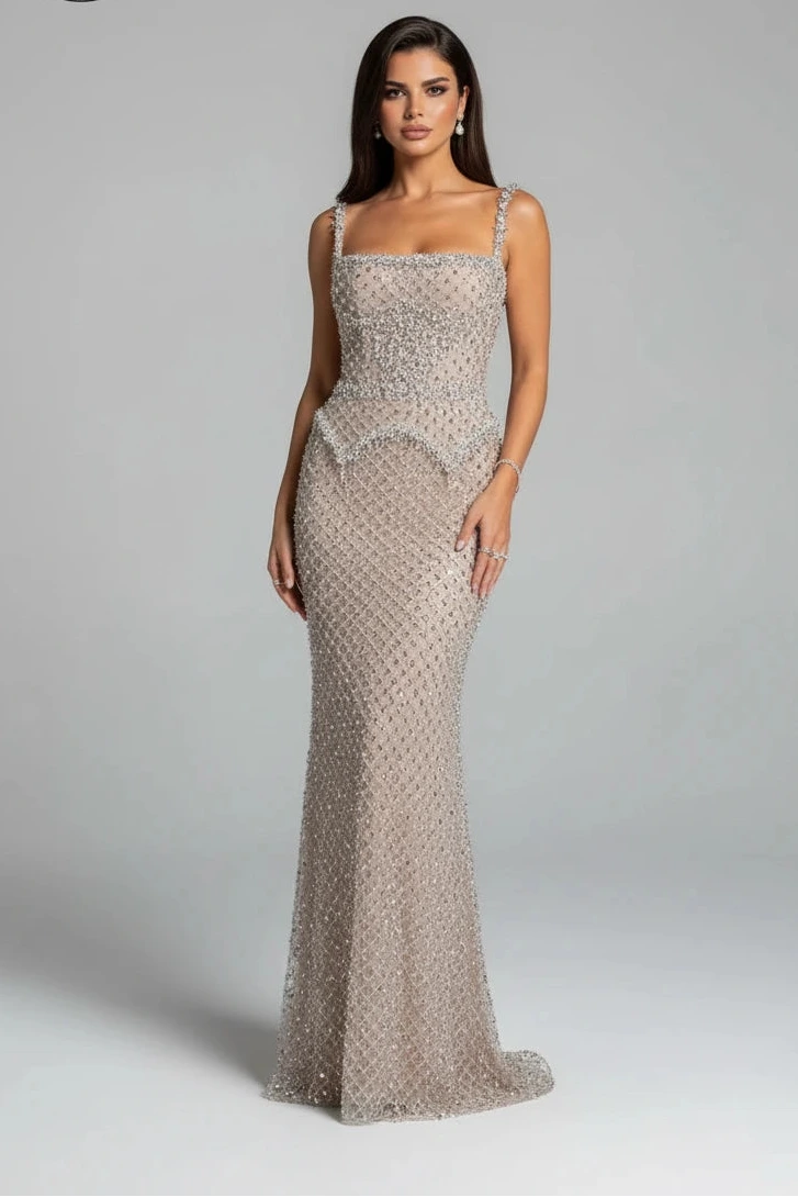 Luxury Hand Beaded Couture Gown with Crystal Embellishments and Corset Tie Back BY KONFIDENTIAL KOUTURE