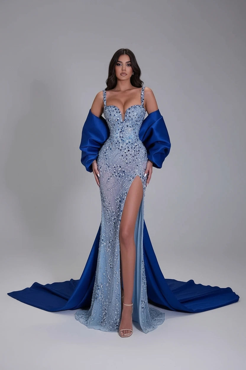 Women's luxury Spaghetti Strap Crystal Beaded Mermaid Maxi Evening Dress BY KONFIDENTIAL KOUTURE